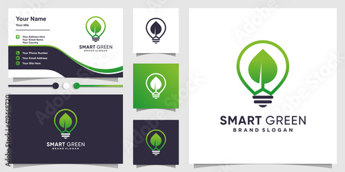 Smart green logo template and business card with bulb concept Premium Vector