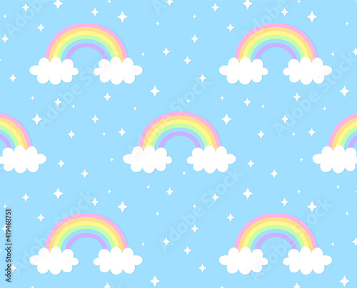 Cute rainbow seamless pattern children theme. Bright colorful rainbows with white clouds and stars on a blue background. Suitable for posters, postcards, fabric, wrapping paper, web design.