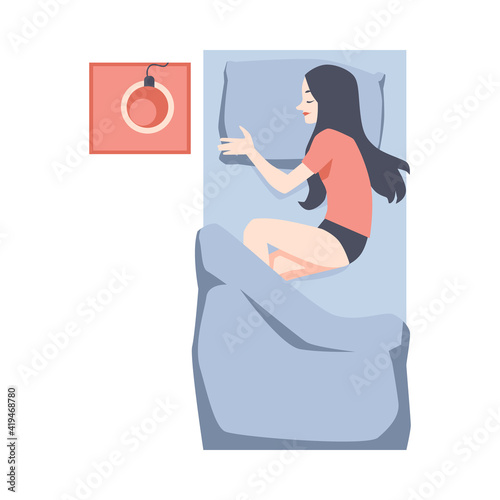 Woman sleeping on sleeping on her side in bed flat vector illustration isolated.