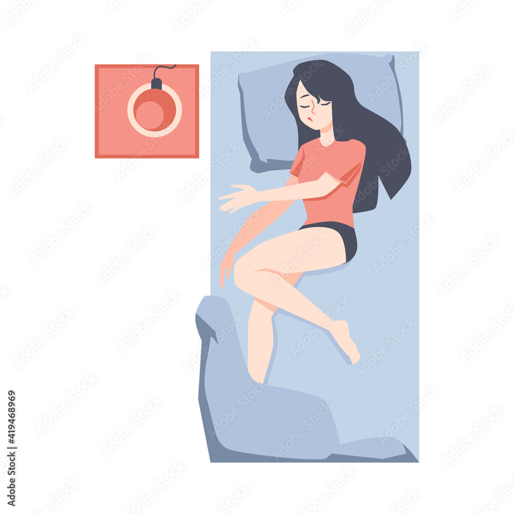 Bed with side table and sleeping woman, flat vector illustration isolated. Bed with side table and sleeping woman, flat vector illustration isolated.