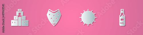 Set paper cut Chichen Itza in Mayan, Poncho, Sun and Tabasco sauce icon. Paper art style. Vector.