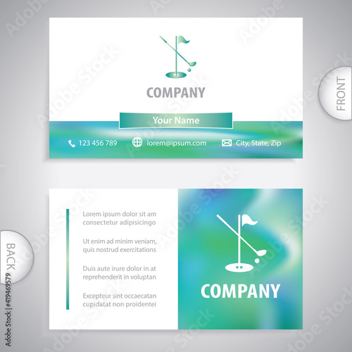 Business card template. Symbol for golf club with flag and golf ball icon. Concept for golf equipment companies.