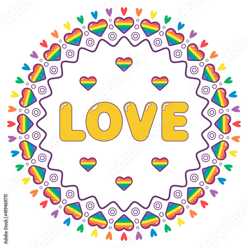 Love symbol romantic lgbtq colorful illustration with rainbow hearts. Vector