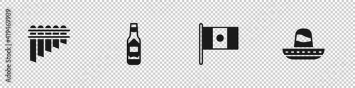 Set Pan flute, Tabasco sauce, Mexico flag and Mexican sombrero icon. Vector.