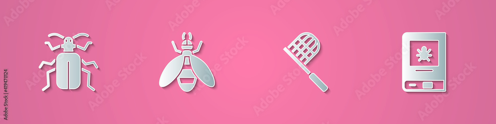 Set paper cut Chafer beetle, Bee, Butterfly net and Book about insect icon. Paper art style. Vector.