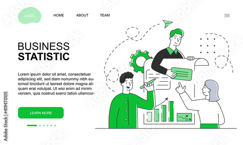 Male and female characters are working on business statistic together. Business colleagues studying infographics and charts. Website, web page, landing page template. Flat cartoon vector illustration