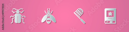 Set paper cut Chafer beetle, Bee, Butterfly net and Book about insect icon. Paper art style. Vector.