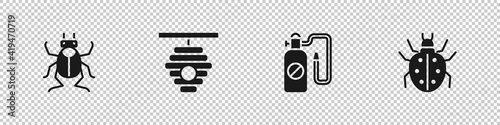 Set Beetle bug, Hive for bees, Pressure sprayer and Mite icon. Vector.