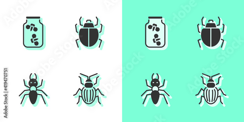 Set Chafer beetle, Fireflies bugs in jar, Ant and Mite icon. Vector.