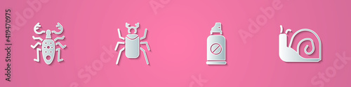 Set paper cut Beetle deer, bug, Spray against insects and Snail icon. Paper art style. Vector.