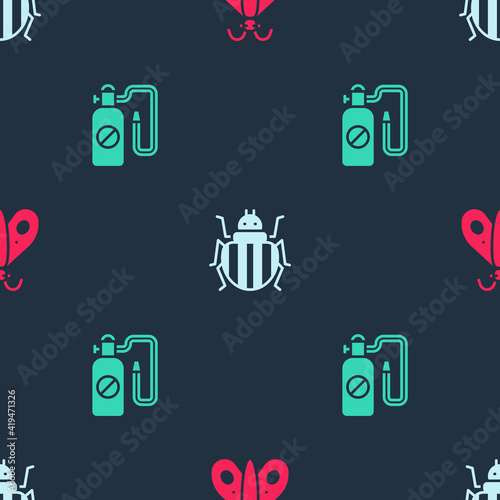 Set Butterfly, Colorado beetle and Pressure sprayer on seamless pattern. Vector.