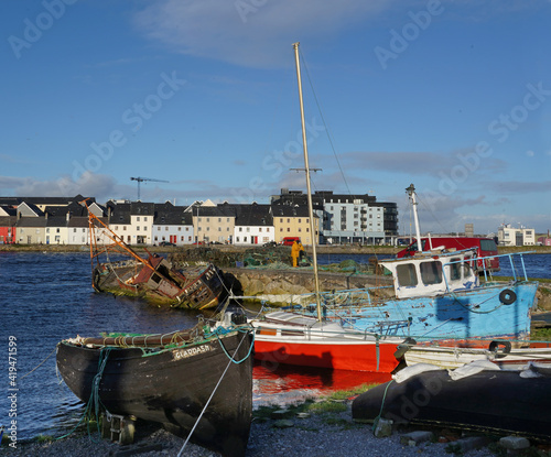 Boats moored at Claddagh basin in Galway Ireland
