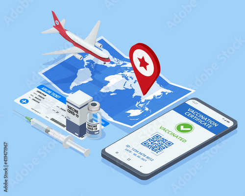 Isometric Air travel world globe airline tickets. Mobile phone with immune digital health passport for covid-19. COVID-19 Immunity Passport, immunity certificate, vaccination. Air travel concept