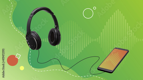 Conceptual contemporary art collage. Headphones set connected at a smartphone playing music. 