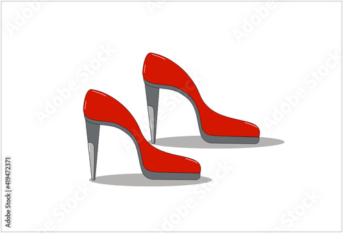 A pair of red women's high-heeled shoes. Sticker, icon, poster. Design for the decoration of a shoe store, website, price tag, label, tag. Vector illustration.
