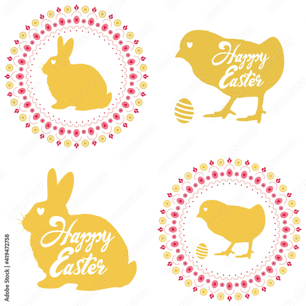 Set of happy easter icons or stickers. Vector chicken and bunny illustration
