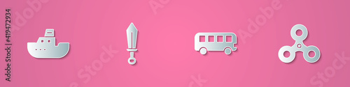 Set paper cut Toy boat, Sword toy, Bus and Fidget spinner icon. Paper art style. Vector.
