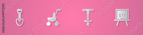 Set paper cut Shovel toy, Baby stroller, Pogo stick jumping and Chalkboard icon. Paper art style. Vector.