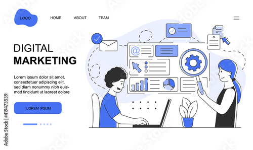 Male and female character are working on digital marketing. Young man working on laptop, girl is looking through magnifier. Website, web page, landing page template. Flat cartoon vector illustration