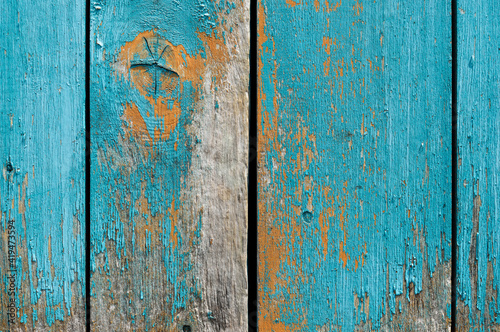 Old wall of wooden planks with paint cracked .