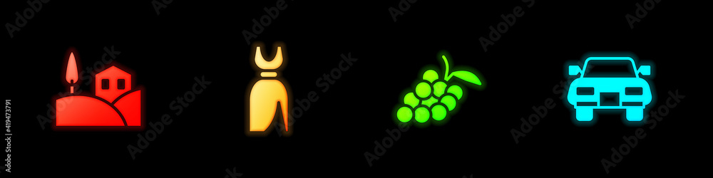 Obraz premium Set Village landscape, Woman dress, Grape fruit and Car icon. Vector.