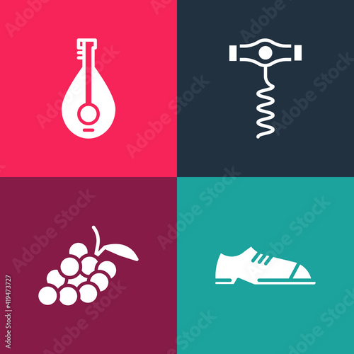 Set pop art Men shoes, Grape fruit, Wine corkscrew and Mandolin icon. Vector.