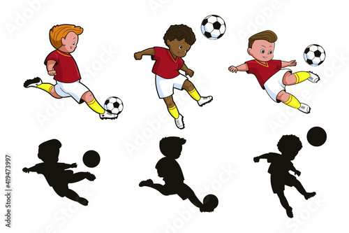 Find the correct shadow. An educational game for children on the theme of sports, boys football players kick a soccer ball. Vector illustration in cartoon style, isolated flat