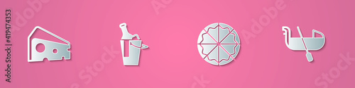 Set paper cut Cheese, Bottle of wine in bucket, Pizza and Gondola icon. Paper art style. Vector.