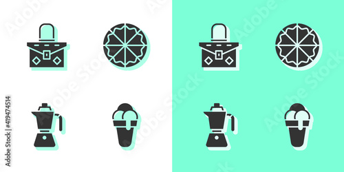 Set Ice cream, Handbag, Coffee moca pot and Pizza icon. Vector.