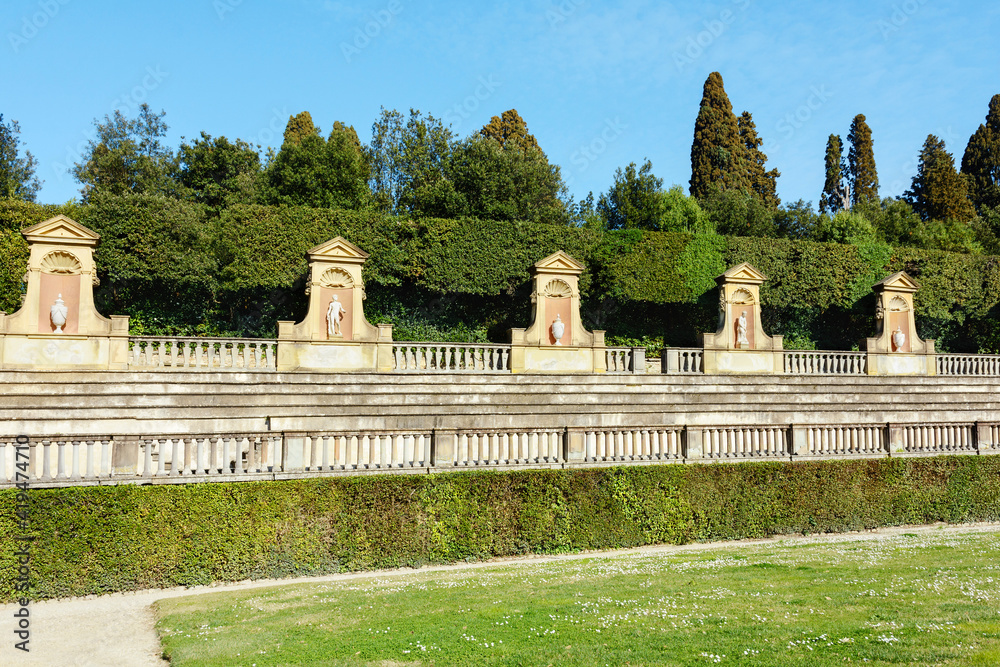 Boboli Gardens. Amphitheater statues. Florence. Italy. City park in Florence