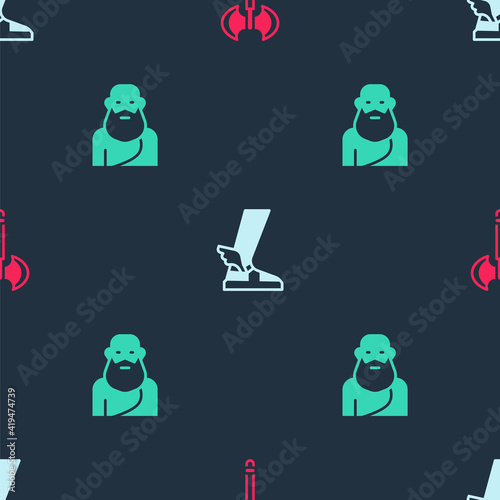 Set Medieval axe, Hermes sandal and Socrates on seamless pattern. Vector.