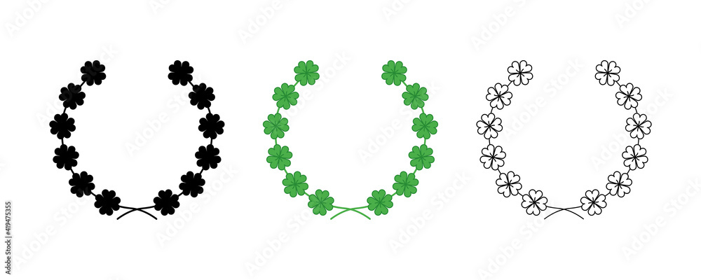 Green background, silhouette, circular clover leaf and a trophy, heraldry wreath. Collection of wreaths depicting success, victory, crown, winner, ornate, vector icon illustration