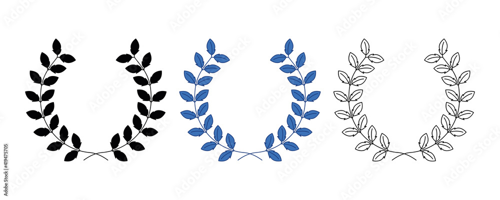 Blue background, silhouette, circular blue leaf and heraldry wreath. Wreath collection depicting success, victory, crown, winner, ornate, vector icon illustration.