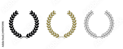 Green background, silhouette, circular bay leaf and a trophy, heraldry wreath. Collection of wreaths depicting success, victory, crown, winner, ornate, vector icon illustration.