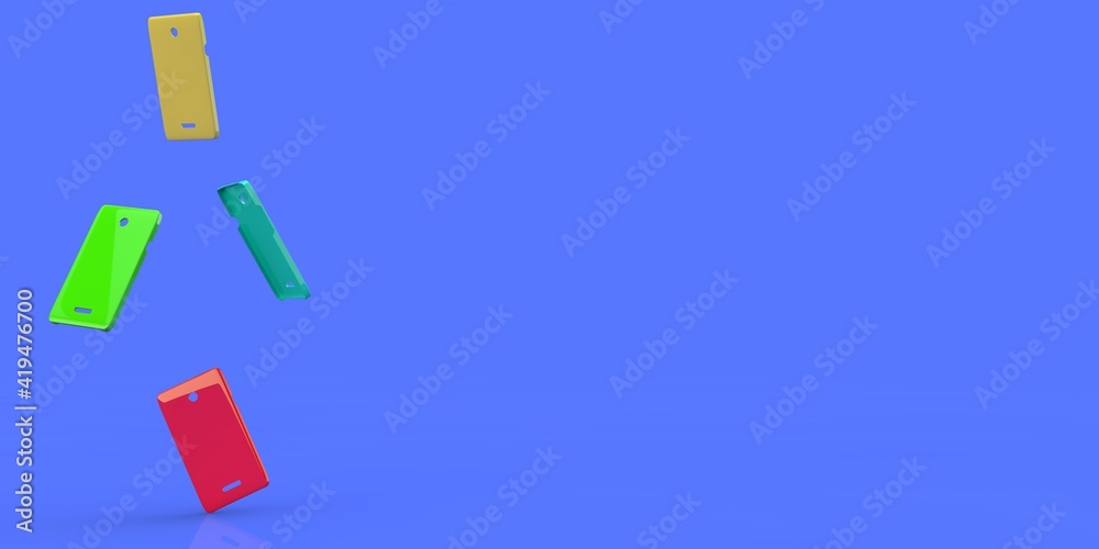 Smartphone cases of different colors in the air on a blue background. 3D render Smartphone cases of different colors in the air on a blue background. 3D render