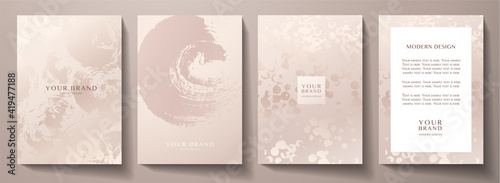 Elegant rose gold cover, frame design set. Fashionable minimal abstract art pattern with paint stroke (brush) on background. Luxury artistic vector collection for beauty catalog, fashion template