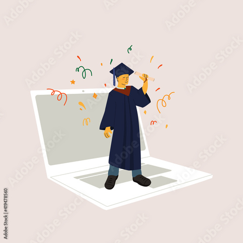 Graduate online 2021. A guy in graduate clothes, virtually or in quarantine, receives a diploma. Online congratulations on the graduation of students. Vector flat isolated illustration.