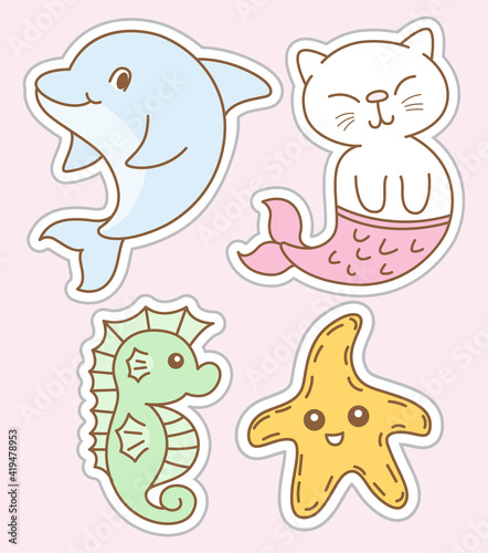 Cute hand drawn aquatic animal stickers