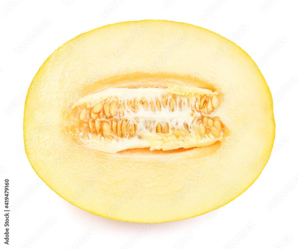 Melon half isolated on a white background. Top view, flat lay Melon half isolated on a white background. Top view, flat lay