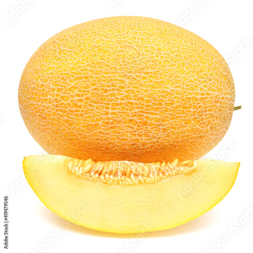 Melon whole and slice isolated on a white background. Top view, flat lay