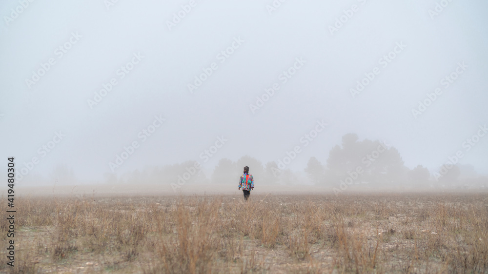 Person strolling on dry meadow against misty trees in nature in winter day Person strolling on dry meadow against misty trees in nature in winter day