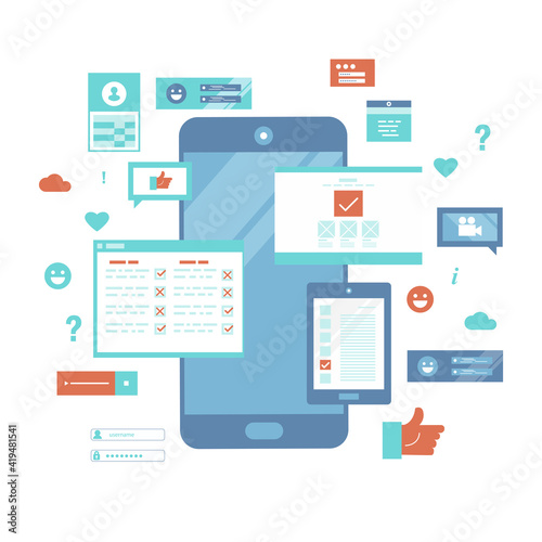 Phone screen with online filling forms and check marks. Online survey testing Questionnaire.  Vote, checklist, examination, feedback service, customer support. Flat vector illustration