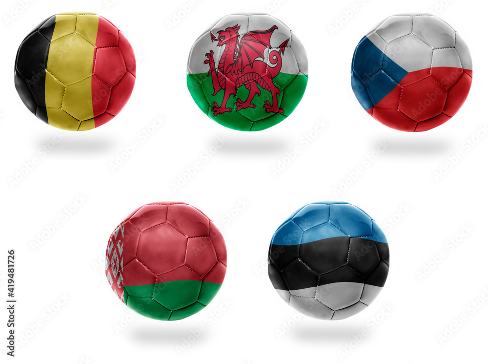 europe group E . football balls with national flags of belgium, wales , czech republic, belarus, estonia , soccer teams