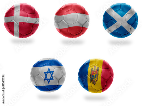 europe group F . football balls with national flags of denmark, austria,scotland, israel, moldova, soccer teams