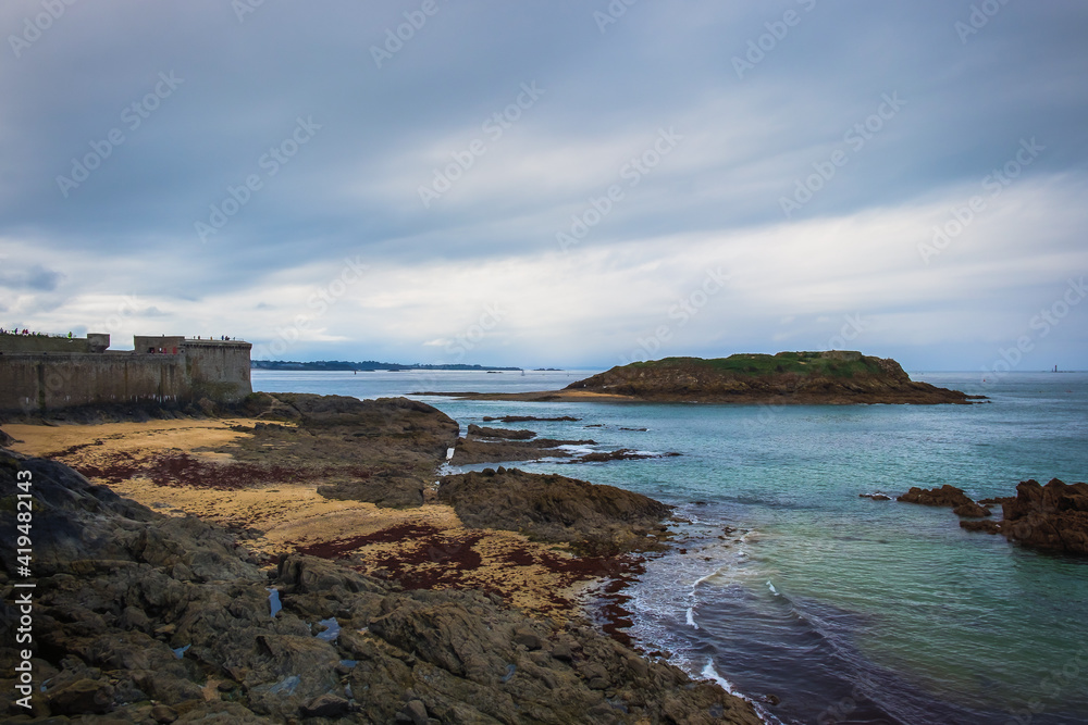 View of Grand Bé island opposite St-Malo rampart, France