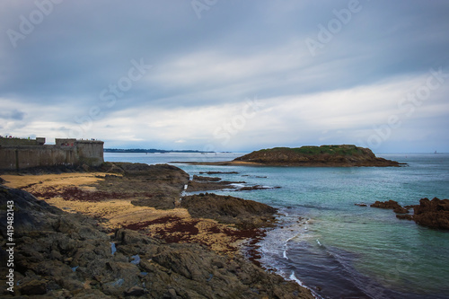 View of Grand Bé island opposite St-Malo rampart, France