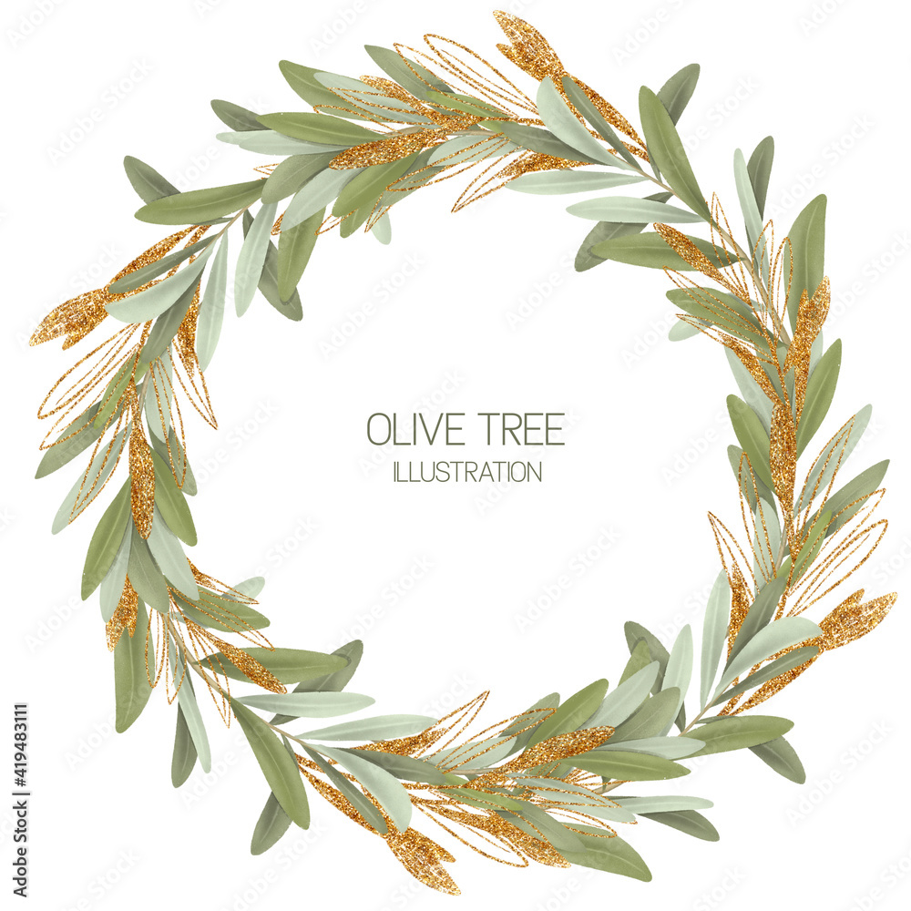 Wreath of green and golden olive tree branches, hand drawn isolated illustration on white background