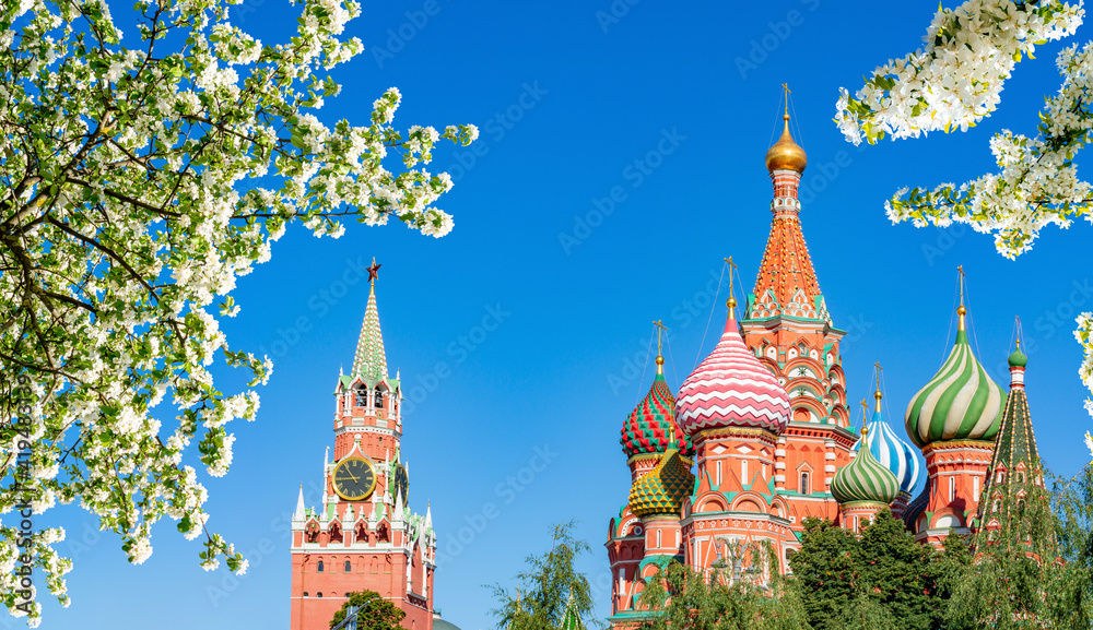 Cathedral of Vasily the Blessed (Saint Basil's Cathedral) and Spasskaya Tower on Red Square in spring, Moscow, Russia