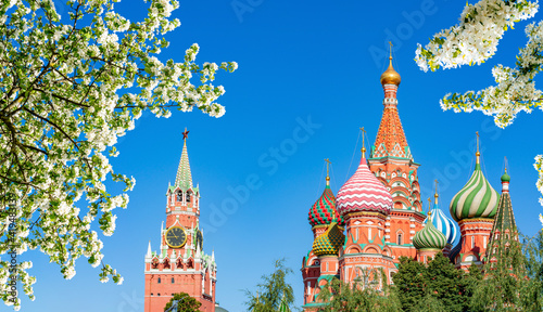 Cathedral of Vasily the Blessed (Saint Basil's Cathedral) and Spasskaya Tower on Red Square in spring, Moscow, Russia