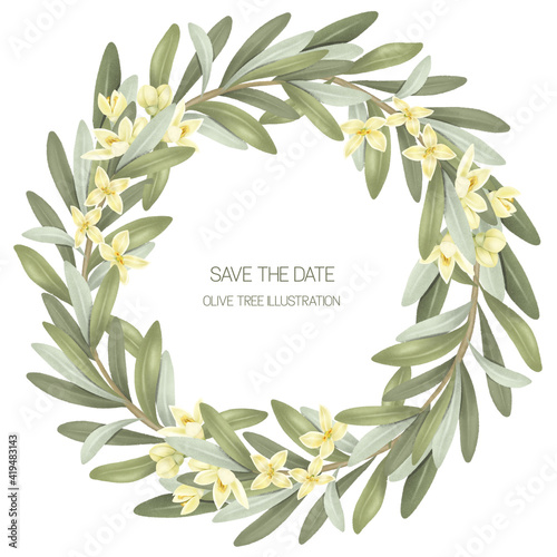Φωτογραφία Wreath of blooming olive tree branches, hand drawn isolated illustration on whit